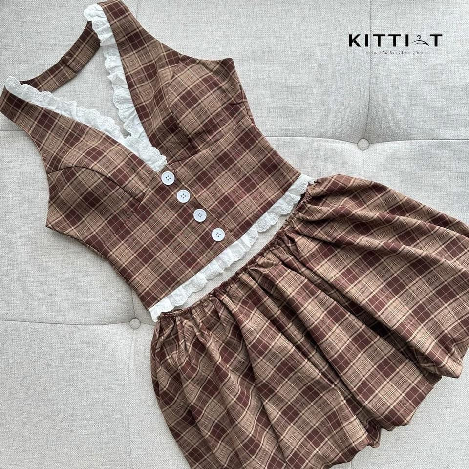 KITTI-T (กิตติที): Set (2) เสื้อ+กระโปรง ได้ลุคหวานซ่อนเปรี้ยวด้วยเดรสลายตาราง