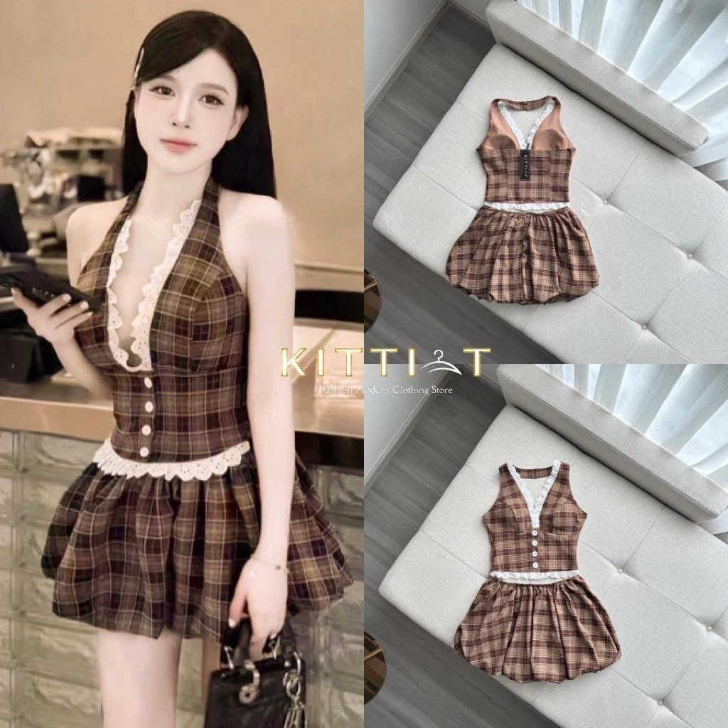 KITTI-T (กิตติที): Set (2) เสื้อ+กระโปรง ได้ลุคหวานซ่อนเปรี้ยวด้วยเดรสลายตาราง