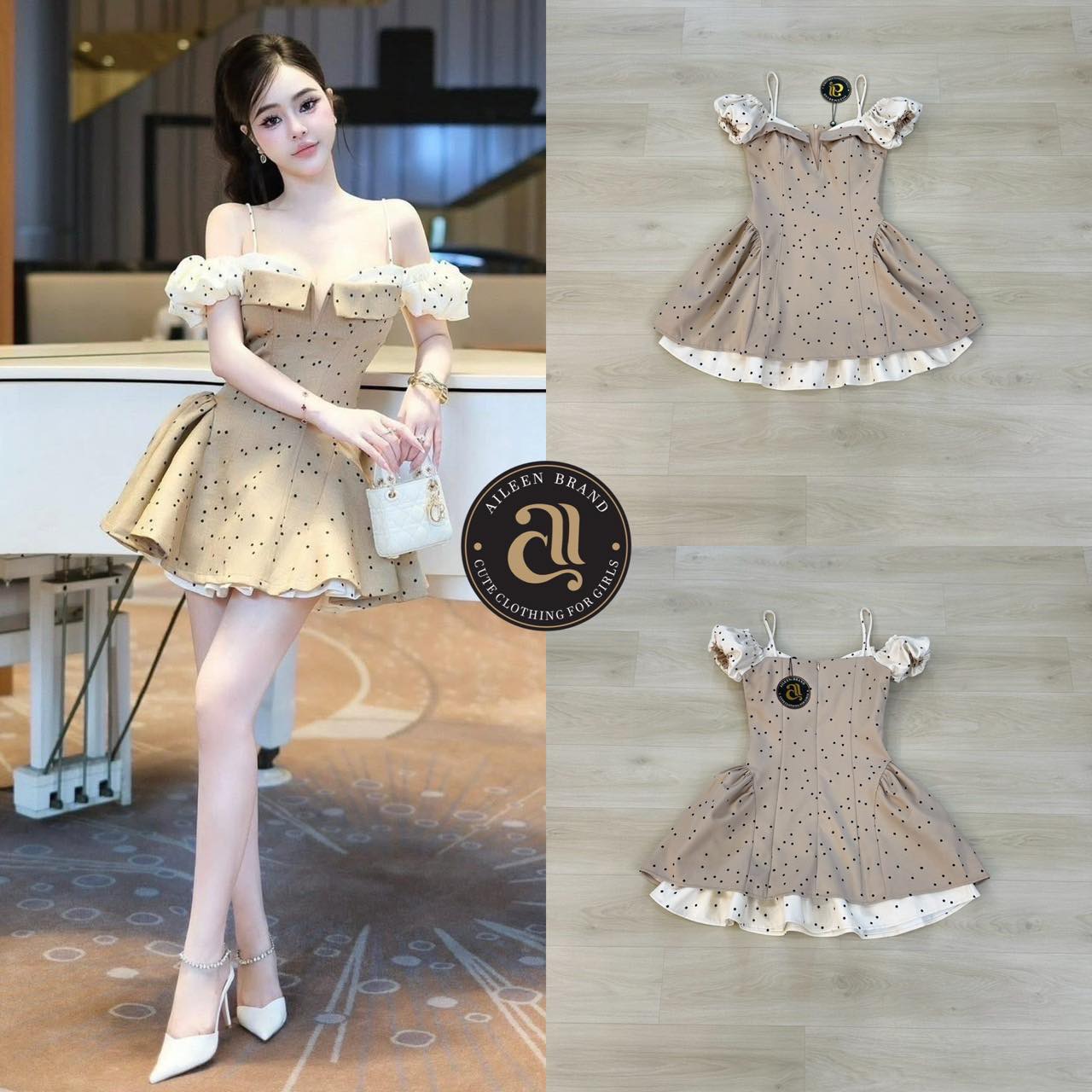 Aileen มินิเดรสสายเดี่ยว ทูโทนลายจุด