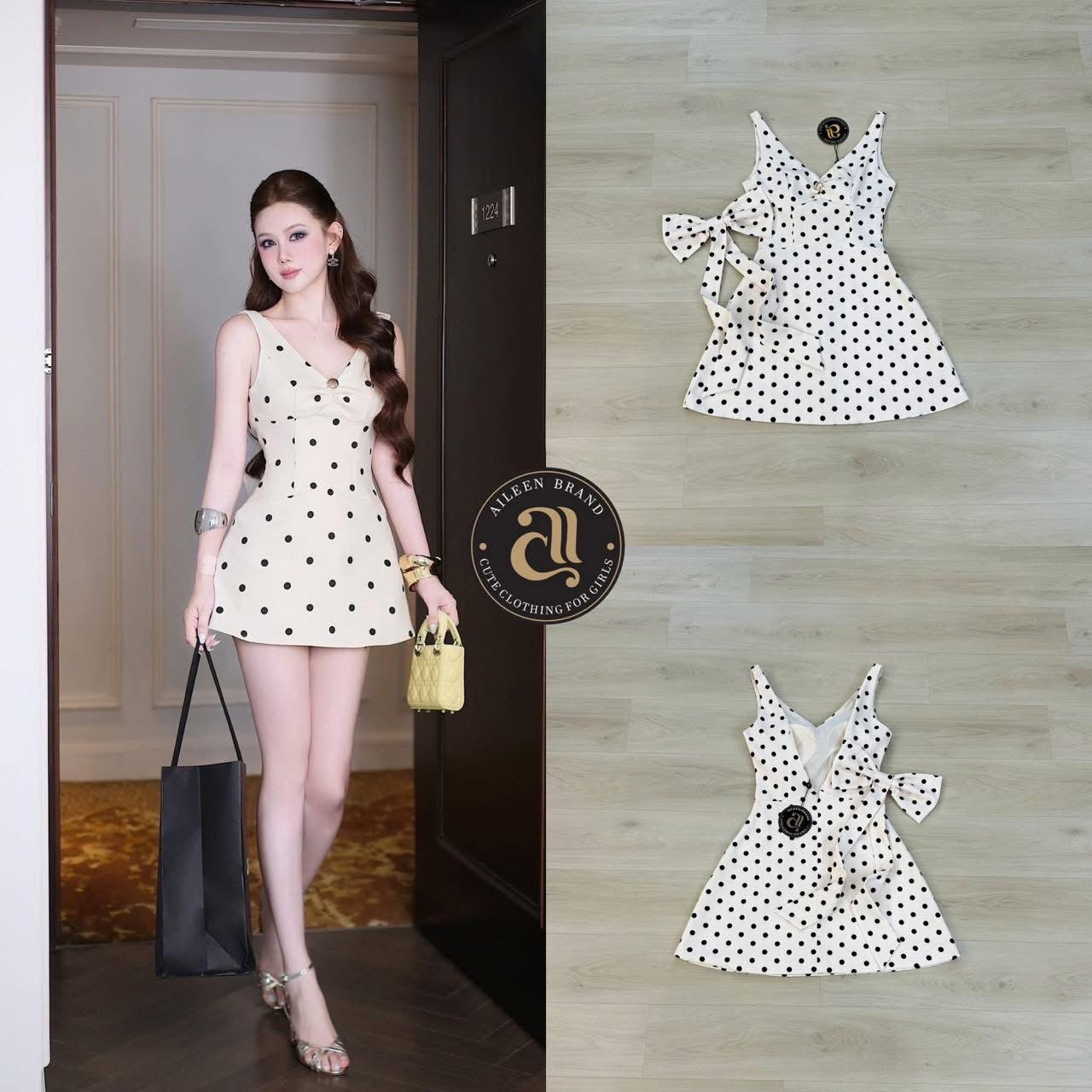 Aileen Brand: มินิเดรสแขนกุดสีครีมลายจุด